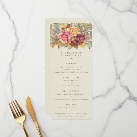 Fall Florals Erntedank Flat 4 Course Menükarte (Vorderseite/Rückseite Beispiel)