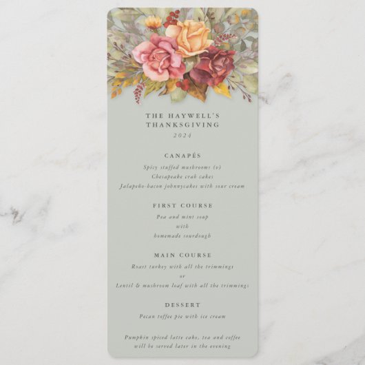 Fall Florals Erntedank Flat 4 Course Menükarte (Vorderseite)