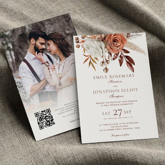 Fall Florals Foto QR Brown Text formale Hochzeit Einladung