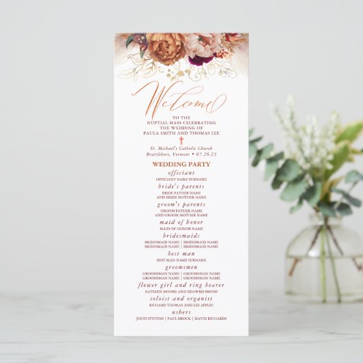 Fall Florals katholische Hochzeit Programm mit Mas (Stehend Vorderseite)