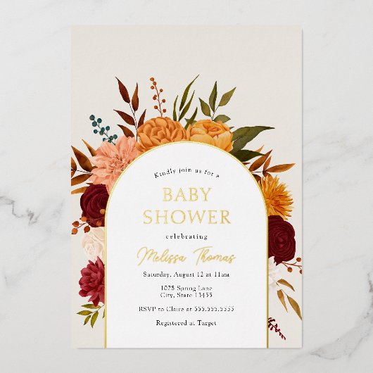 Fall Florals Mums Arch Babydusche Einladung (Vorderseite)