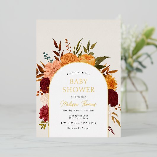 Fall Florals Mums Arch Babydusche Einladung (Stehend vorne)