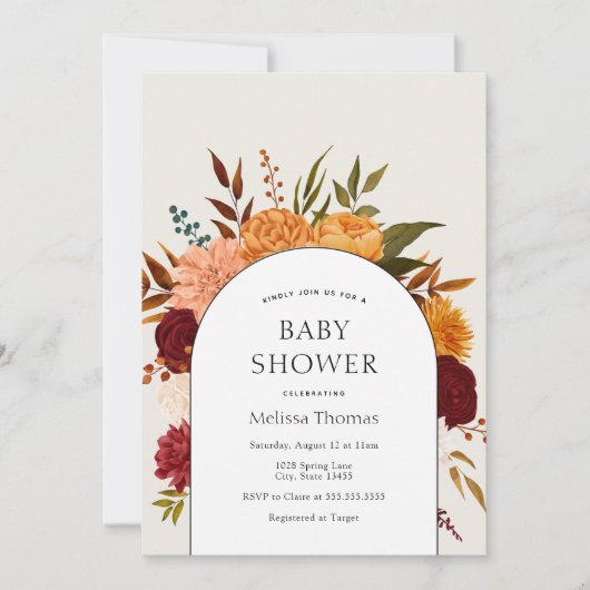 Fall Florals Mums und Marigold Arch Baby Dusche Einladung (Vorderseite)