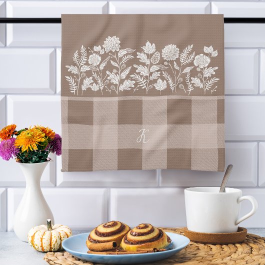 Fall Foliage Autumn Flowers & Foliage Taupe Plaid Geschirrtuch