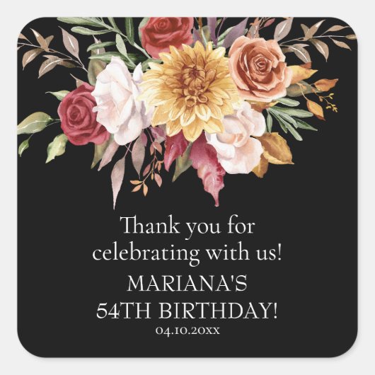 Fall Foliage Black Birthday Party Gefallen Quadratischer Aufkleber (Vorderseite)