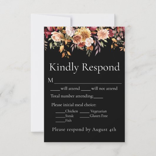 Fall Foliage Bloral Black Wedding Response UAWG RSVP Karte (Vorderseite)