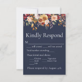 Fall Foliage Floral Navy Blue Wedding RSVP Karte (Vorderseite)