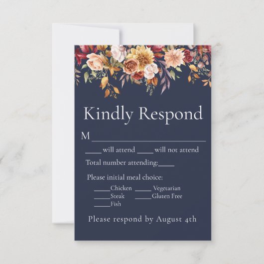 Fall Foliage Floral Navy Blue Wedding RSVP Karte (Vorderseite)
