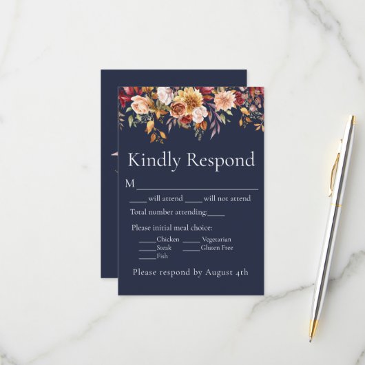 Fall Foliage Floral Navy Blue Wedding RSVP Karte (Vorderseite/Rückseite Beispiel)