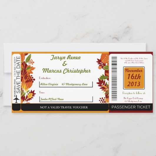 Fall Foliage Leav Boarding Pass Einladung Hochzeit (Vorderseite)