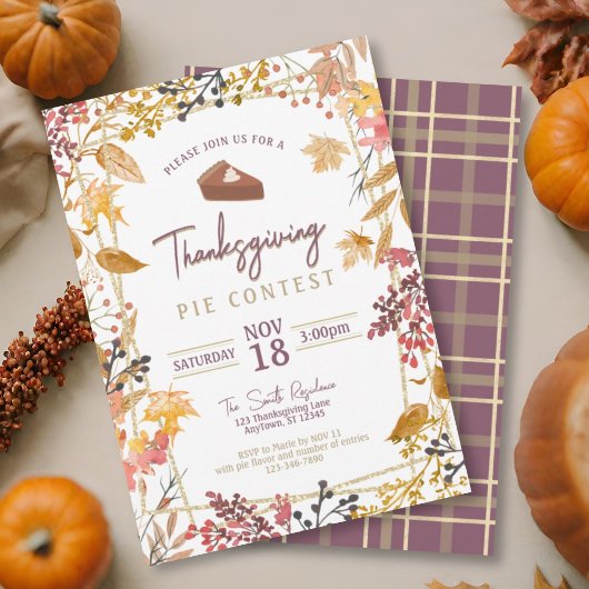 Fall Foliage & Plum Plaid Thanksgiving Pumpkin Pie Einladung