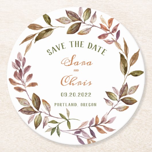 Fall Foliage & Sukkuläre Wasserfarbe Save the Date Runder Pappuntersetzer (Vorderseite)