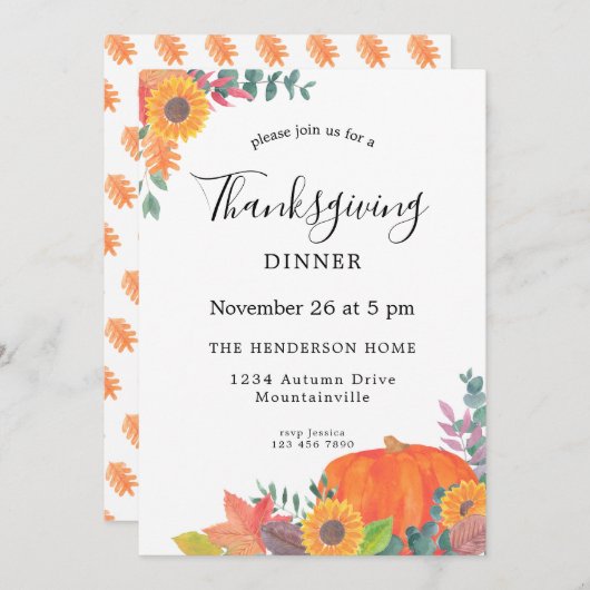 Fall Foliage Sunflower Pumpkin Erntedank Einladung (Vorne/Hinten)