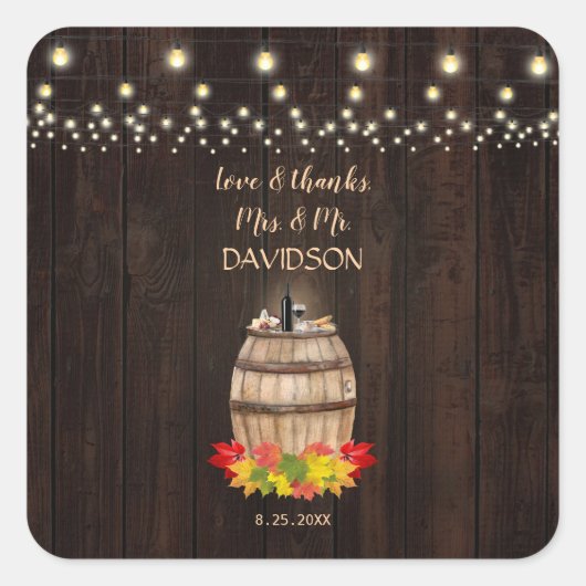 Fall Foliage Wine Barrel Weinberg Hochzeit Quadratischer Aufkleber (Vorderseite)