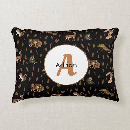 Fall Forest Animals Autumn Leaves Monogram Dekokissen (Vorderseite)