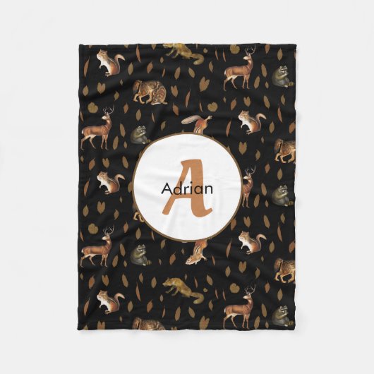 Fall Forest Animals Autumn Leaves Monogram Fleecedecke (Vorderseite)