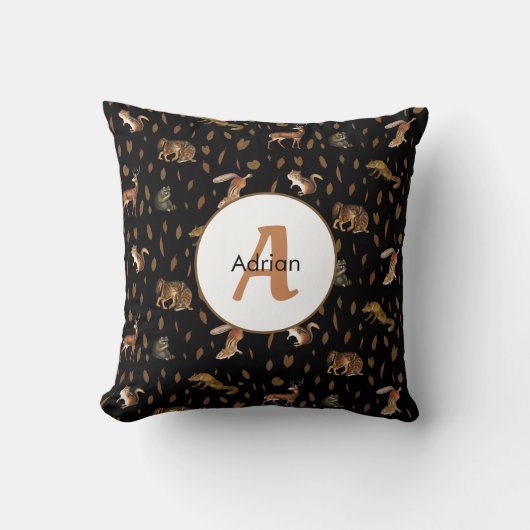 Fall Forest Animals Autumn Leaves Monogram Kissen (Vorderseite)