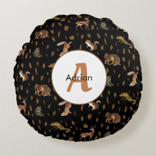 Fall Forest Animals Autumn Leaves Monogram Rundes Kissen