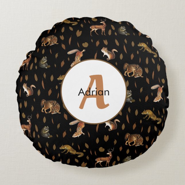 Fall Forest Animals Autumn Leaves Monogram Rundes Kissen (Vorderseite)