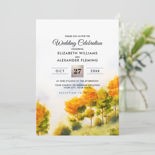 Fall Forest | Hochzeit von Bäumen Einladung (Stehend Vorderseite)