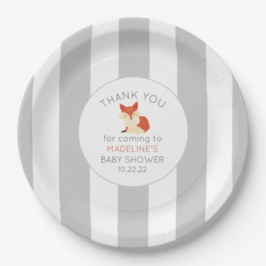 Fall Fox Babydusche Dekoration, neutraler grauer S Pappteller (Vorderseite)