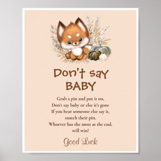 Fall Fox Babydusche Say Baby Game Sign Poster (Vorne)
