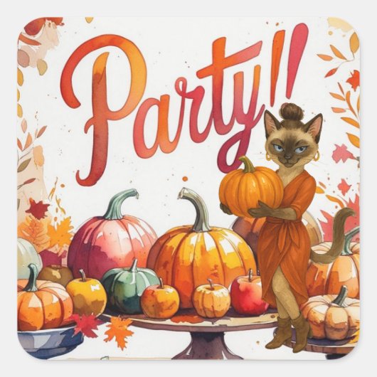 Fall Friendsgiving-Party für Cat Lovers Quadratischer Aufkleber (Vorderseite)