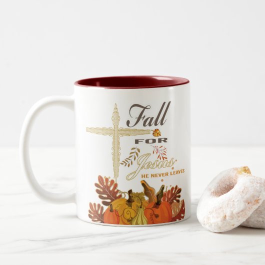 Fall für Jesus er verlasse nie 1   Zweifarbige Tasse (Mit Donut)