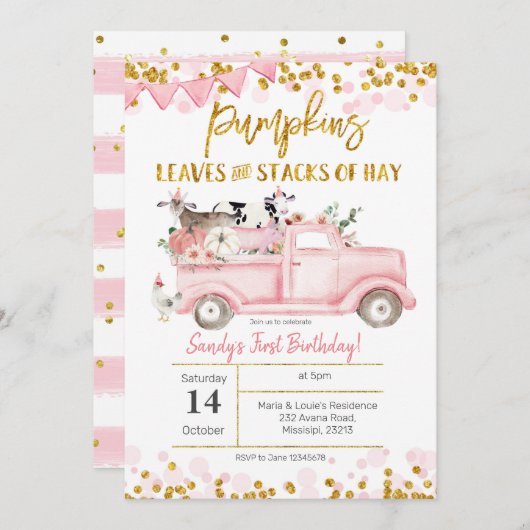 Fall Girl Farm Pink Pumpkin Truck Geburtstag Einladung (Vorne/Hinten)