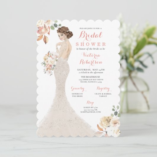 Fall Glam Bride in Gown Bridal Dusche Einladung (Stehend Vorderseite)