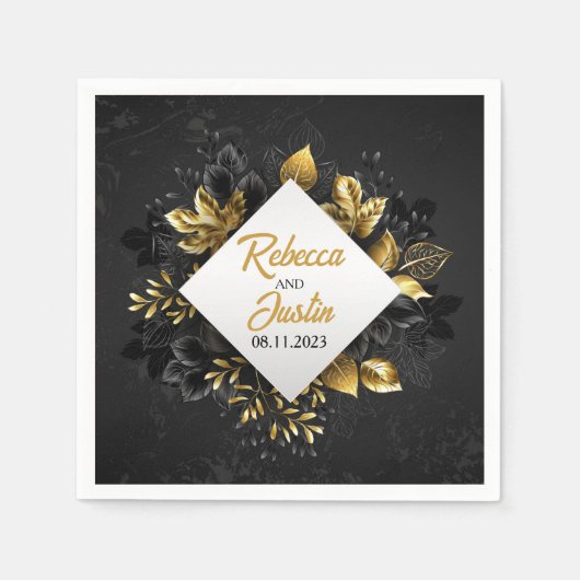 Fall Gold Blätter Black Modern Boho Serviette (Vorderseite)