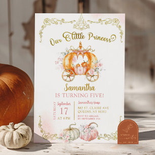 Fall Gold Pink Princess Pumpkin Carriage Birthday Einladung