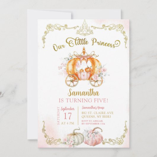 Fall Gold Pink Princess Pumpkin Carriage Birthday Einladung (Vorderseite)