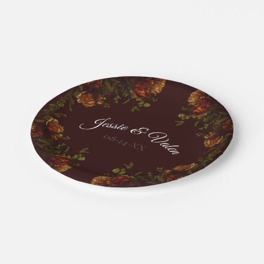 Fall Gothic Wedding Rustic Orange Maroon Pappteller (Schrägansicht)