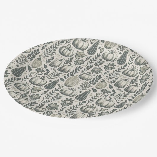 Fall Gourds Blockdruck in Grün Pappteller (Schrägansicht)