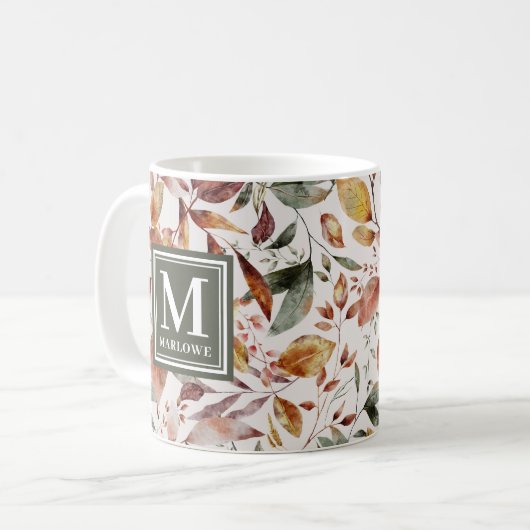 Fall Green Orange Blätter Aquarellfarben Monogram Kaffeetasse (Vorderseite Links)