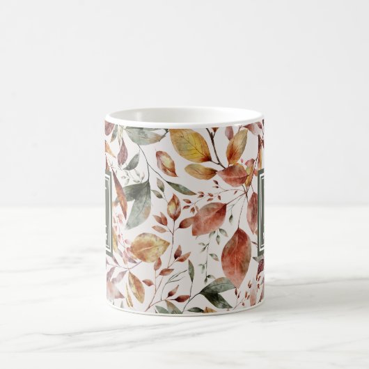Fall Green Orange Blätter Aquarellfarben Monogram Kaffeetasse (Mittel)