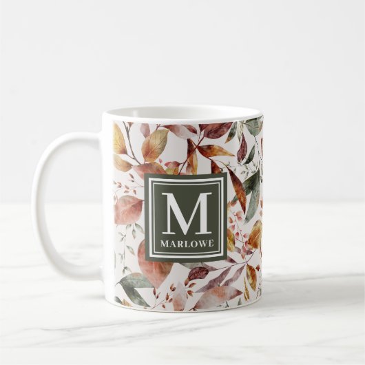Fall Green Orange Blätter Aquarellfarben Monogram Kaffeetasse (Links)