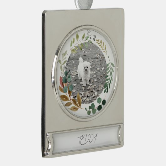 Fall Greenery Foto Name Timeless Keepake Banner-Ornament Silber (Rechts)