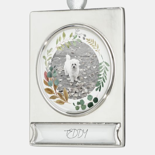 Fall Greenery Foto Name Timeless Keepake Banner-Ornament Silber (Links)