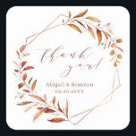 Fall Greenery Geometric Danke Rustic Wedding Quadratischer Aufkleber<br><div class="desc">Rustikale Aquarellfarben Fall botanische Blattgrün-Design mit Imitaten Kupferfolie Blätter und geometrischen Rahmen,  und trendy Dankeschön Drehbuch,  einfach und elegant,  ideal für Herbst rustikale Hochzeit,  Winter botanischen Garten Hochzeit. Alle passenden Teile in der Sammlung anzeigen</div>