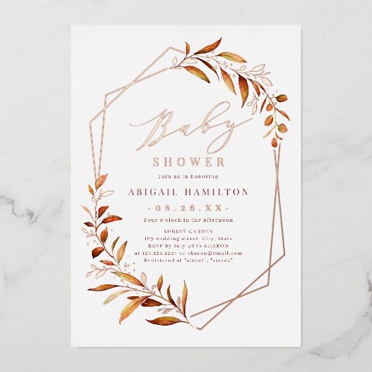 Fall Greenery Geometric Rustic Baby Shower Folieneinladung (Vorderseite)