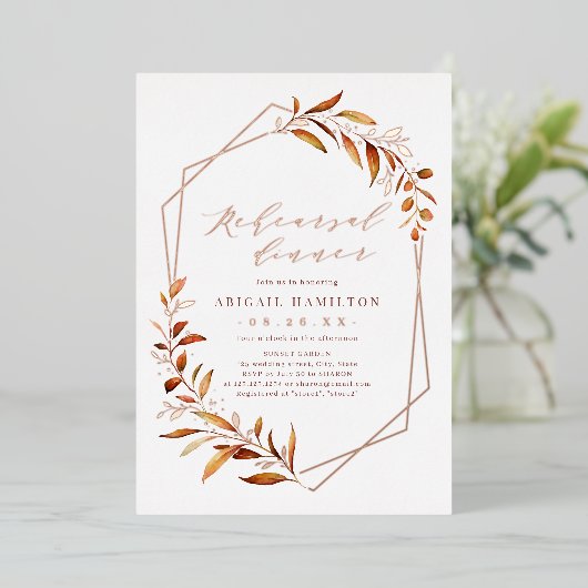 Fall Greenery Geometric Rustic Probe Dinner Folieneinladung (Stehend vorne)
