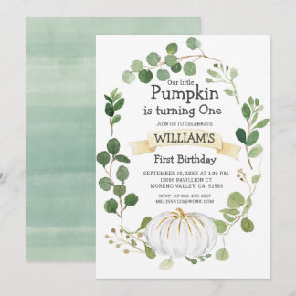 Fall Greenery Pumpkin Boy Erster Geburtstag Einladung