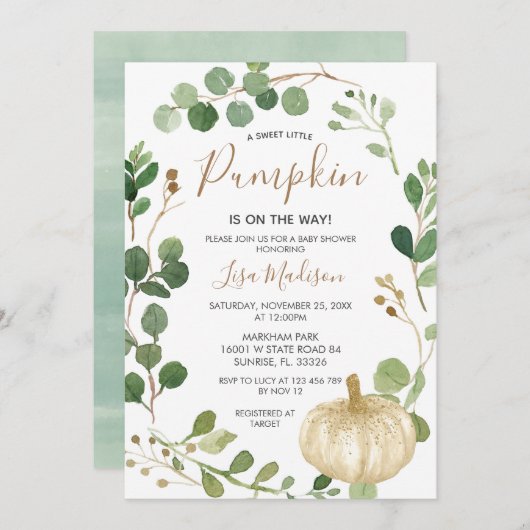 Fall Greenery Pumpkin ist auf dem Weg Baby Dusche  Einladung (Vorne/Hinten)