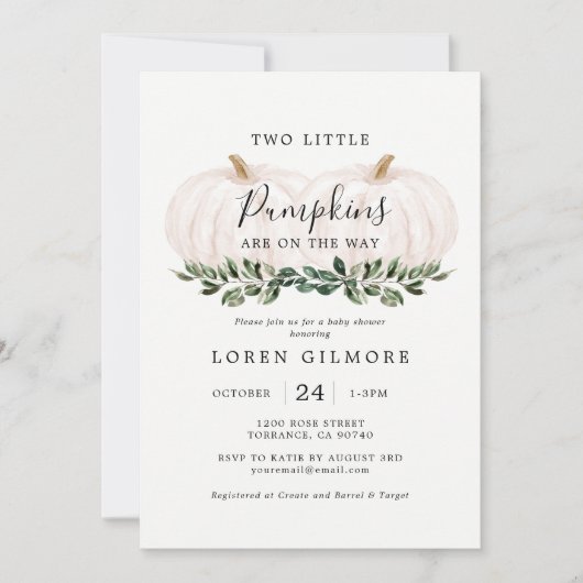 Fall Greenery Pumpkin Twin Baby Dusche Einladung (Vorderseite)