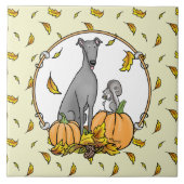 Fall Greyhound (grau) Dog Pumpkins Blätter Funny Fliese (Vorderseite)