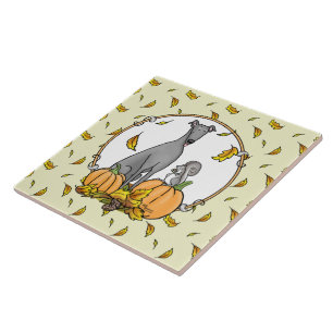 Fall Greyhound (grau) Dog Pumpkins Blätter Funny Fliese