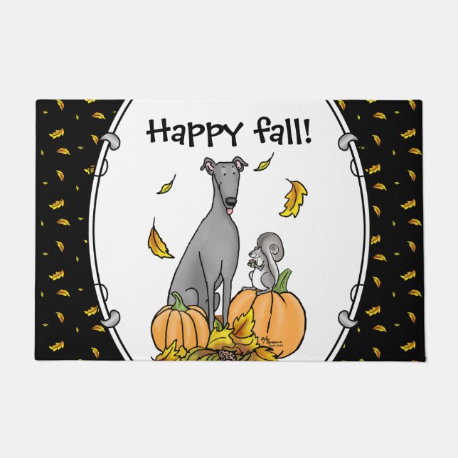 Fall Greyhound (grau) Dog Pumpkins Blätter Funny Fußmatte (Vorderseite)