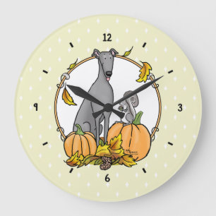 Fall Greyhound (grau) Dog Pumpkins Blätter Funny Große Wanduhr